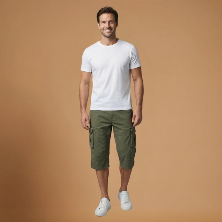 Calções cargo masculinos para o verão, estilo casual, com bolsos práticos. Roupa masculina ajustável.