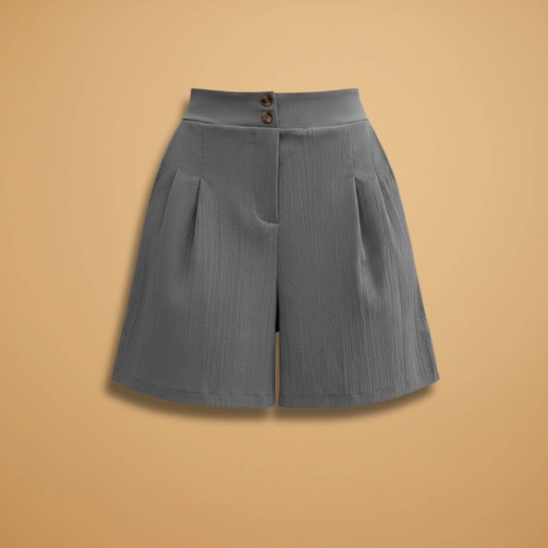 Calções femininos elegantes de cintura alta com botões, perfeitos para o verão e moda casual.