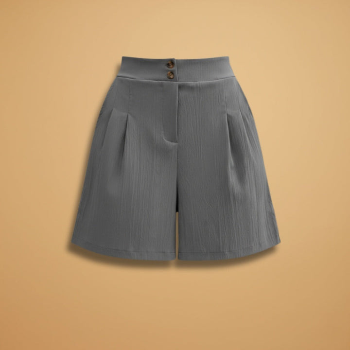 Calções femininos elegantes de cintura alta com botões, perfeitos para o verão e moda casual.