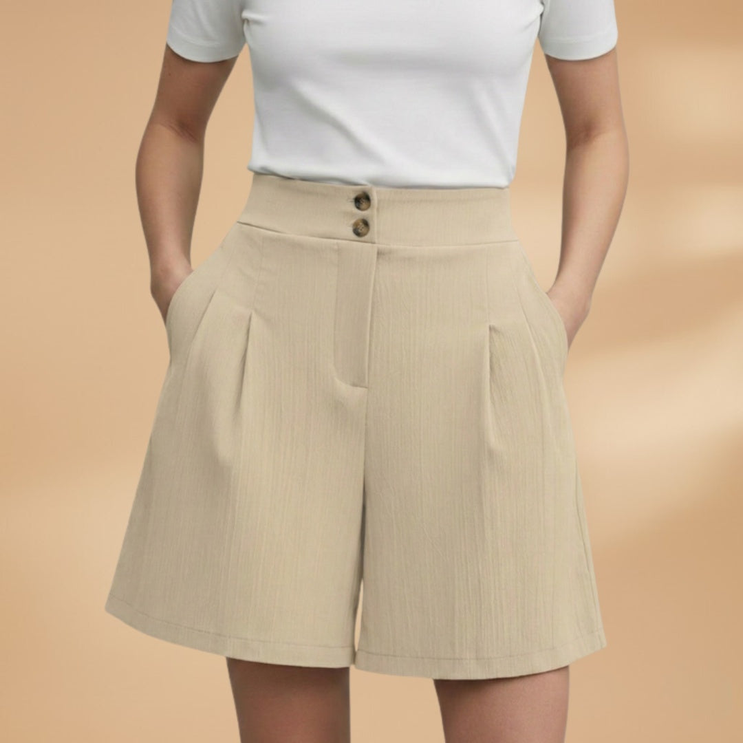 Calções femininos confortáveis de cintura alta com botões, moda elegante para o verão.