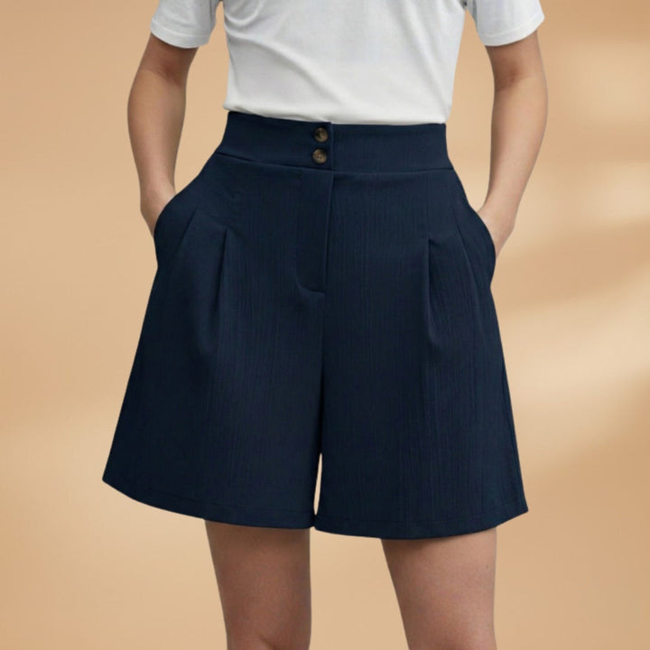 Calções femininos elegantes de cintura alta com botões, perfeitos para o vestuário diário no verão.