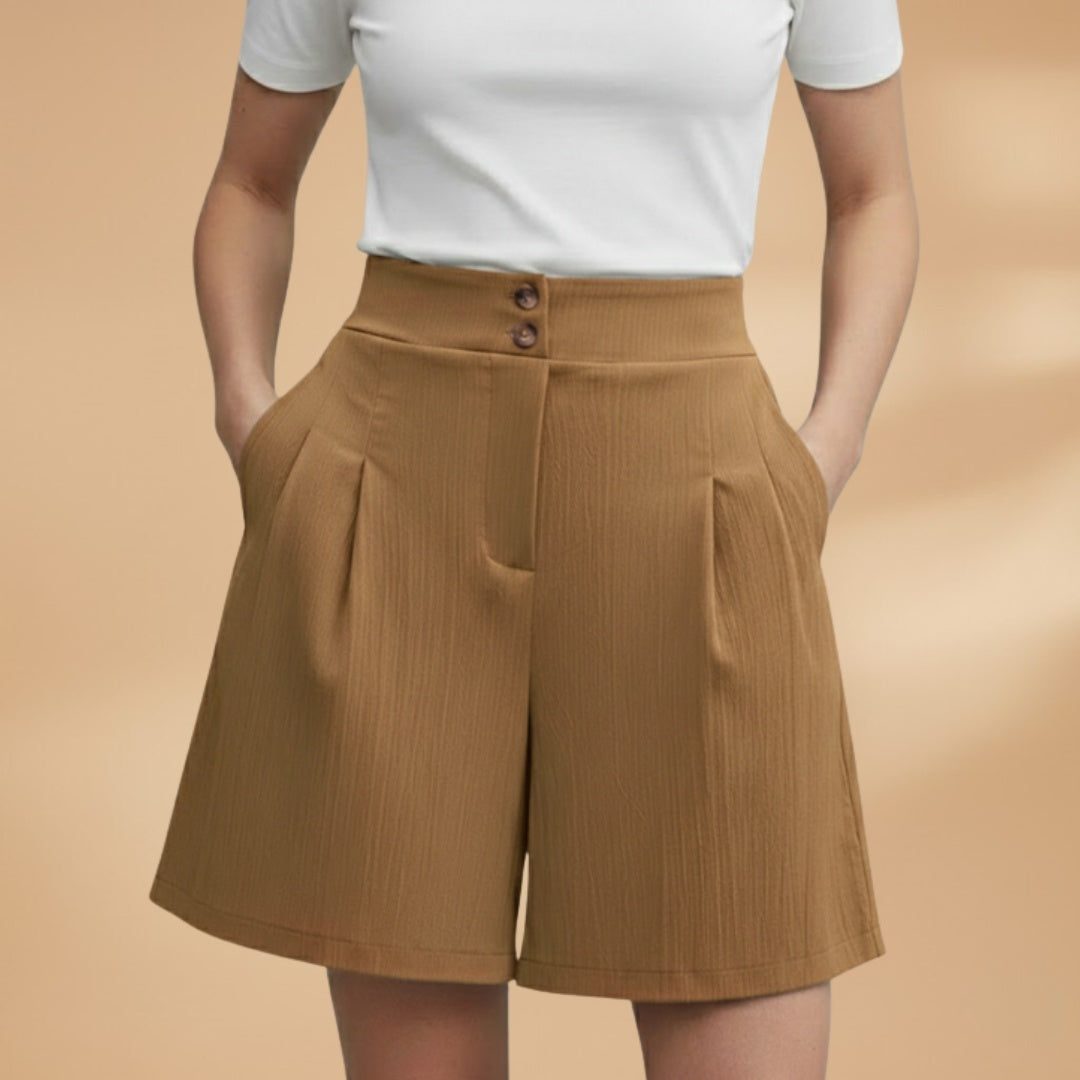 Calções femininos versáteis de cintura alta com botões, perfeitos para looks de verão casuais.