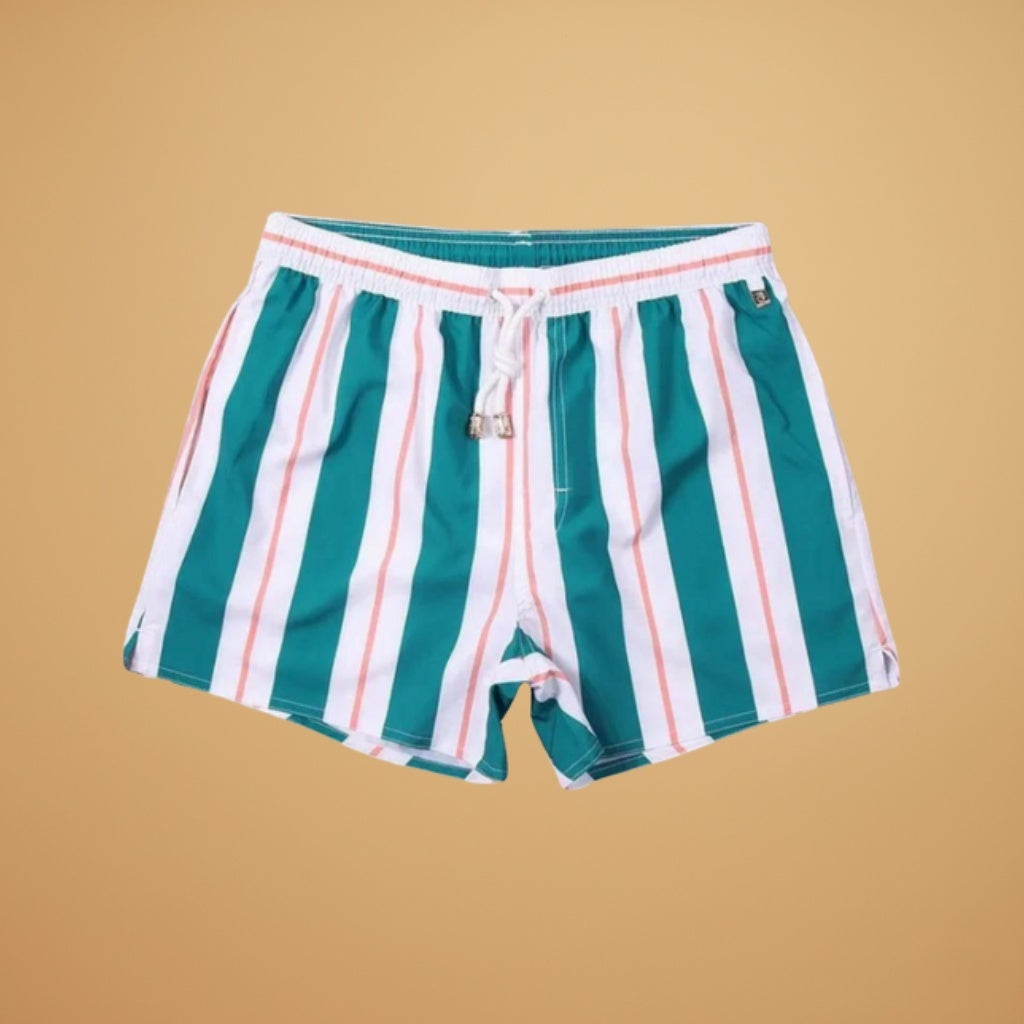 Calções de banho masculinos listrados para praia e piscina. Roupa de banho de verão confortável e estilosa.