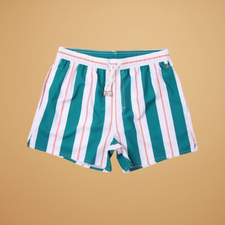 Calções de banho masculinos listrados para praia e piscina. Roupa de banho de verão confortável e estilosa.