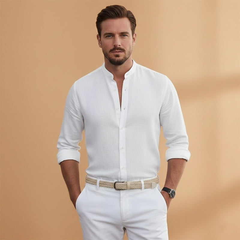 Camisa de linho manga comprida, masculina, com gola mao, ideal para conforto e estilo casual.