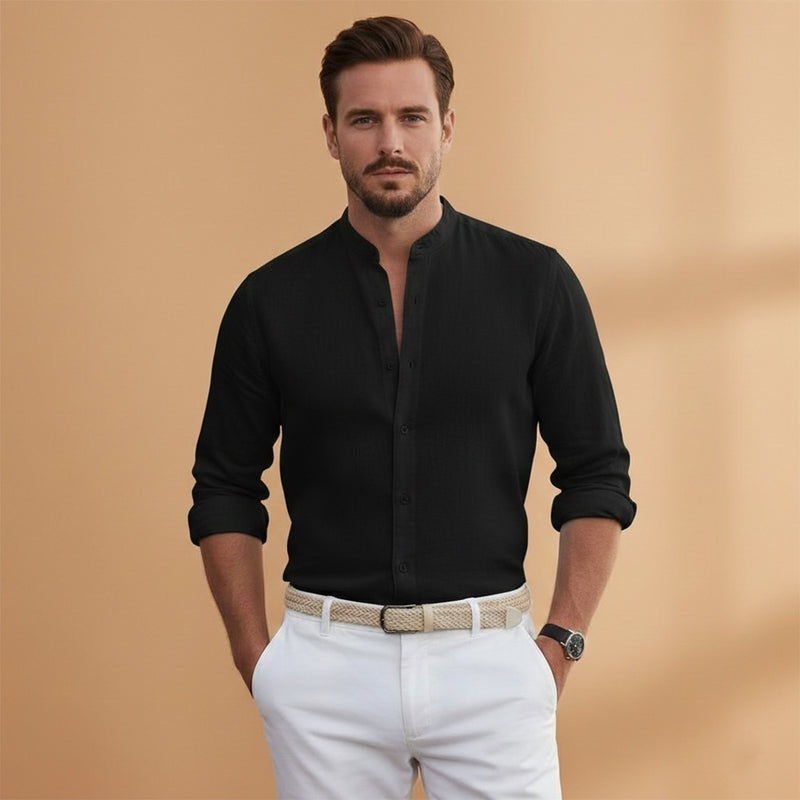 Camisa de linho masculina, gola mao, manga comprida, respirável, conforto e estilo para o homem.