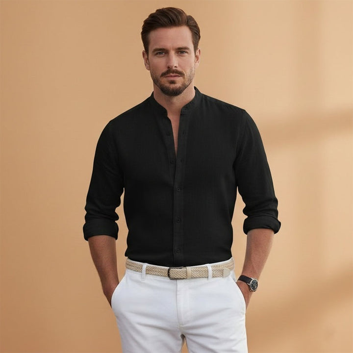 Camisa de linho masculina, gola mao, manga comprida, respirável, conforto e estilo para o homem.