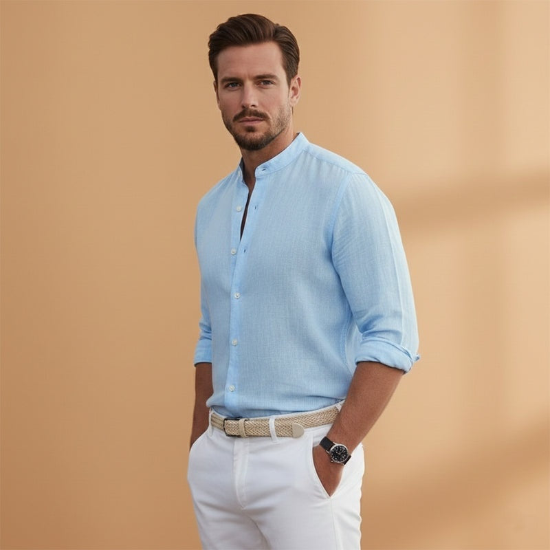 Roupa masculina: camisa de linho com gola mao, manga comprida, versátil para verão e eventos casuais.