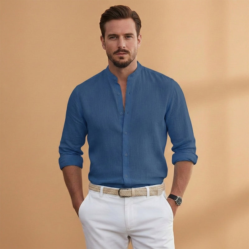 Camisa masculina de linho gola mao, manga comprida, roupa versátil e respirável para o dia a dia.