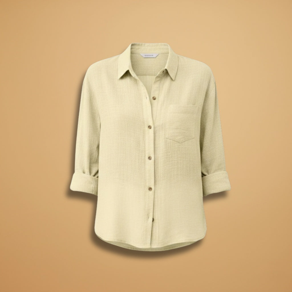 Camisa de linho feminina manga comprida com botões, ideal para looks casuais de verão e primavera.