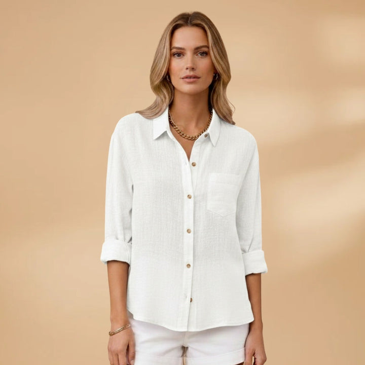 Crie um look elegante e casual com esta camisa de linho feminina manga comprida e botões, para o dia a dia.