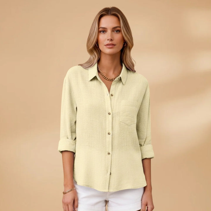 Camisa de linho feminina respirável e confortável, manga comprida com botões, para dias quentes e frescos.