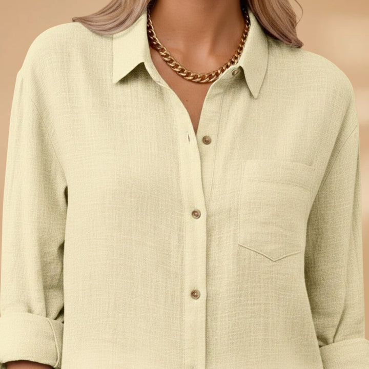 Camisa de linho feminina para verão, manga comprida, leve e confortável, um item essencial no guarda-roupa.