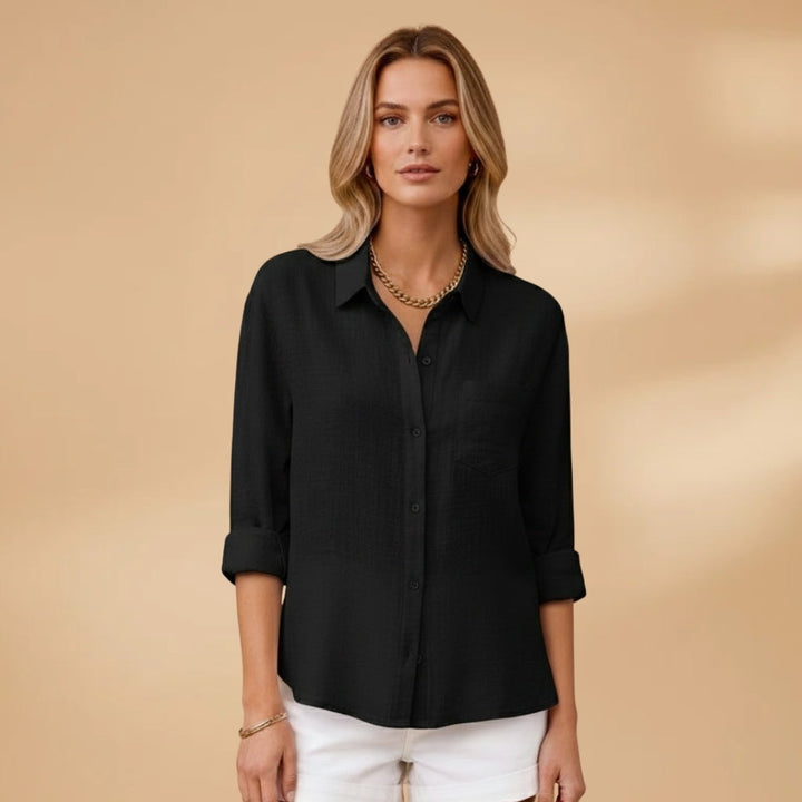 Camisa de linho feminina, manga comprida com botões, um toque de elegância casual para seu estilo.