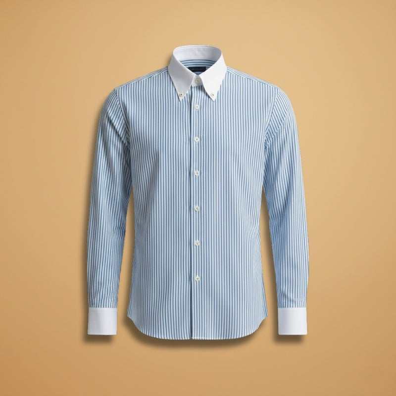 Camisa masculina listrada elegante, manga comprida, ideal para negócios e eventos sociais.