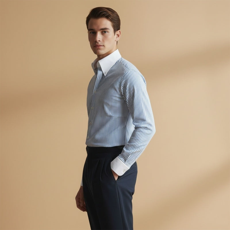 Camisa masculina listrada versátil, manga comprida, combina elegância para negócios e um toque social.