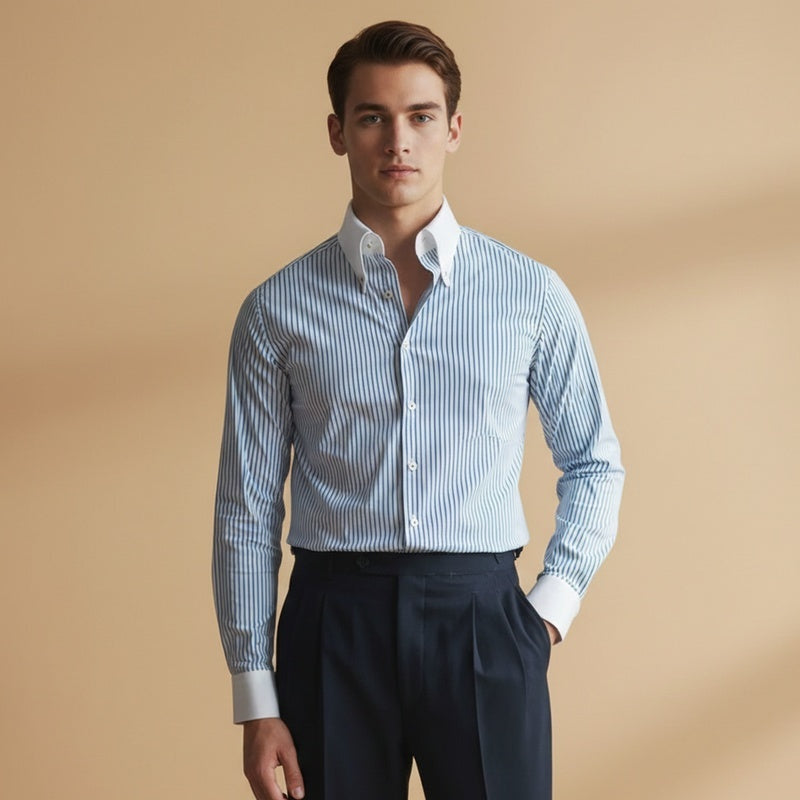 Camisa masculina listrada, ótima para business casual, com colarinho de destaque, estilo e conforto.