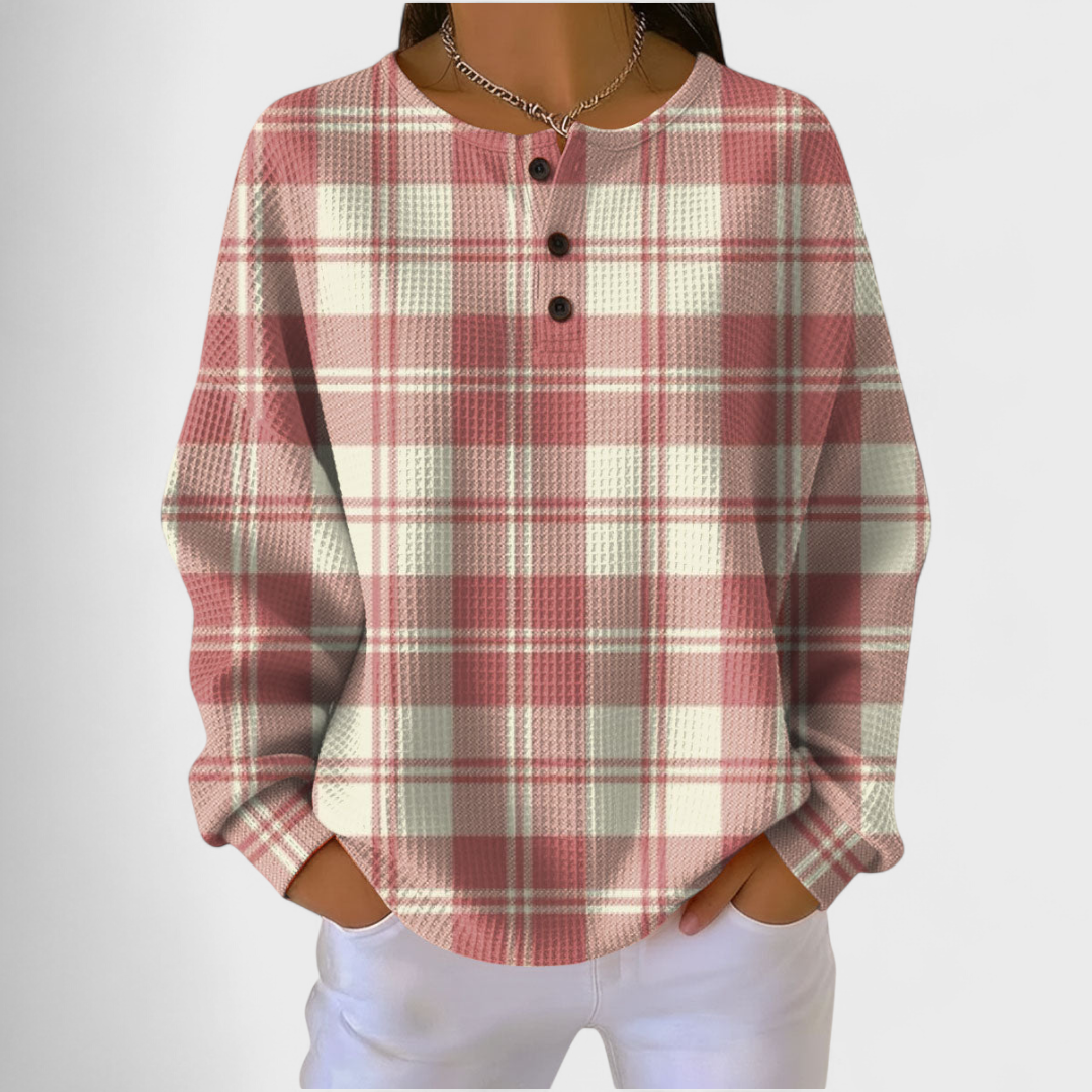 Camisola de malha feminina xadrez, manga comprida, com botões. Perfeita para o outono/inverno casual.
