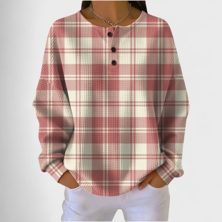 Camisola de malha feminina xadrez, manga comprida, com botões. Perfeita para o outono/inverno casual.