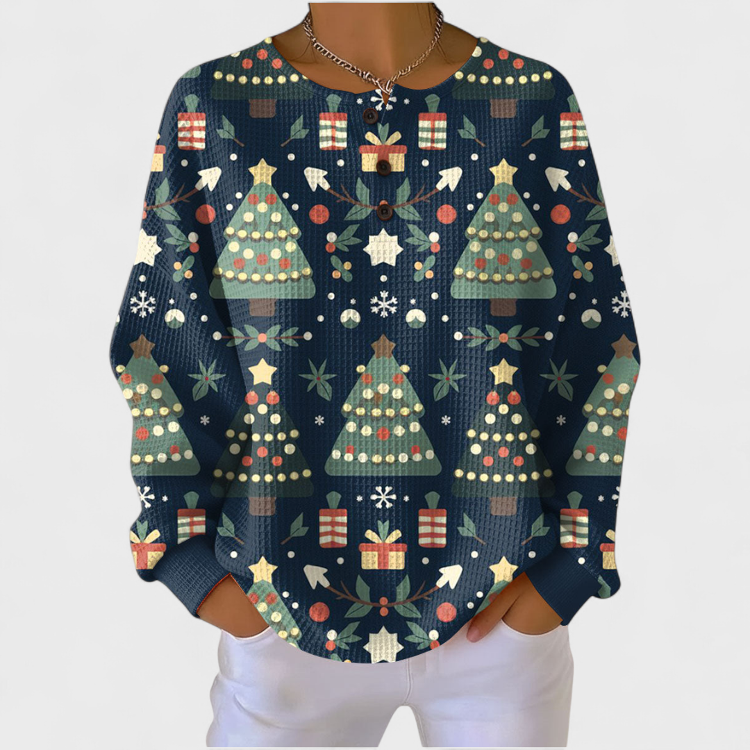 Moda outono/inverno: camisola de malha feminina xadrez com botões e manga comprida.