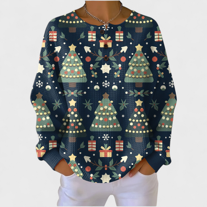 Moda outono/inverno: camisola de malha feminina xadrez com botões e manga comprida.
