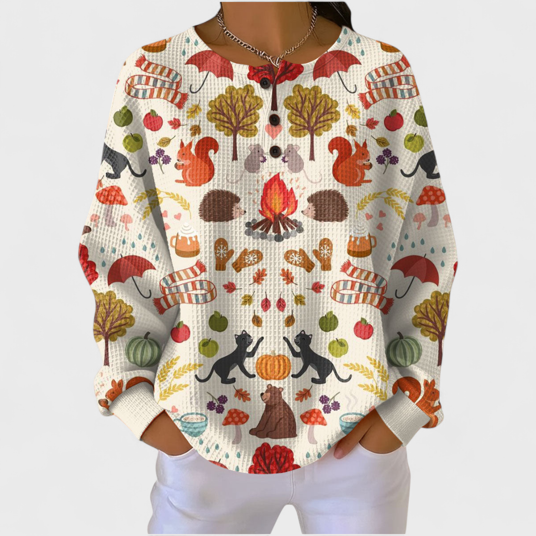 Estilo casual de outono: camisola de malha feminina xadrez, manga comprida e botões.