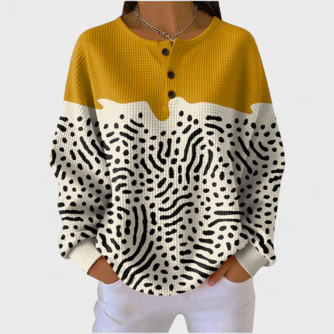 Camisola de malha feminina xadrez com botões. Design de manga comprida para conforto e moda inverno.