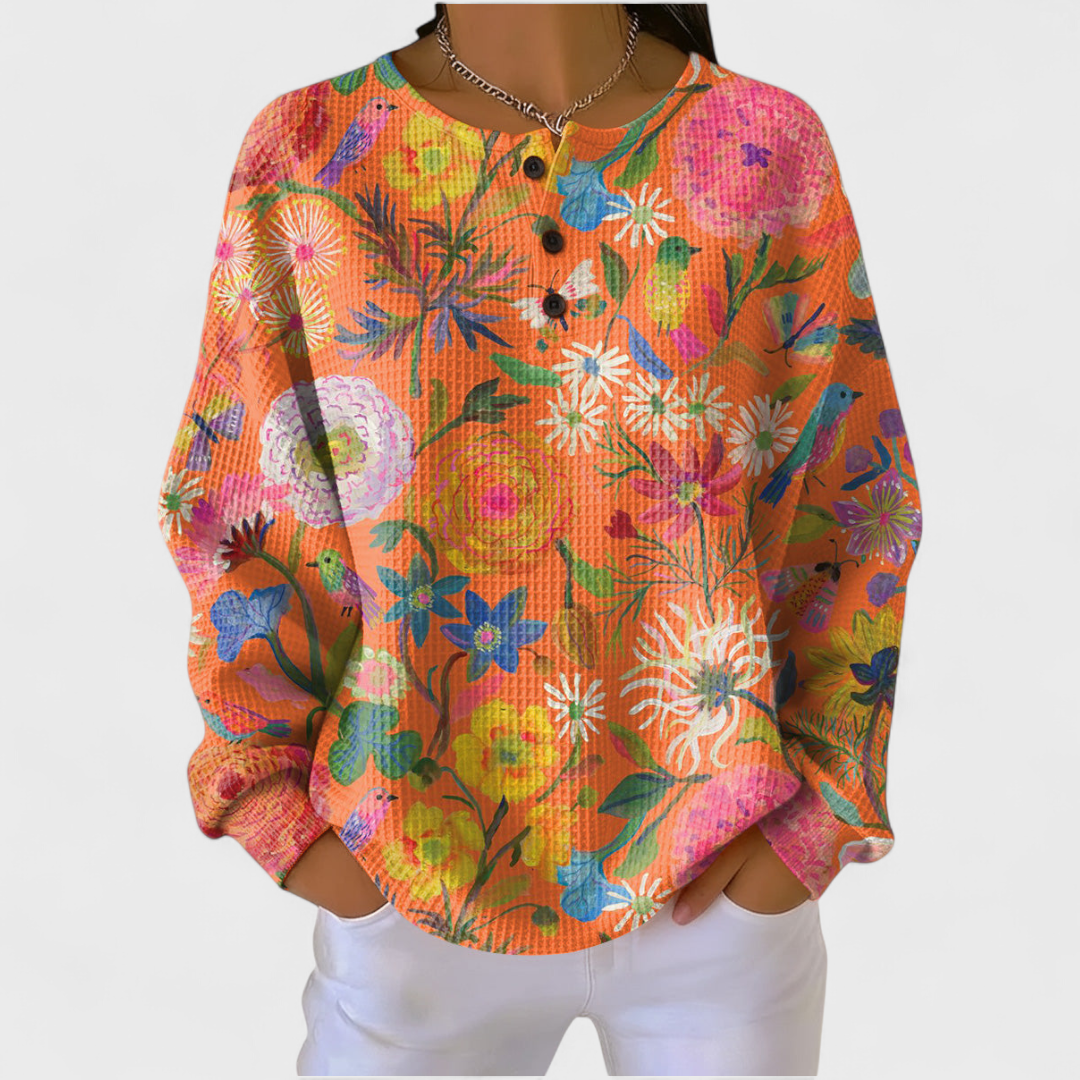 Camisola xadrez de malha feminina, com manga comprida e botões. Estilo casual e moderno.