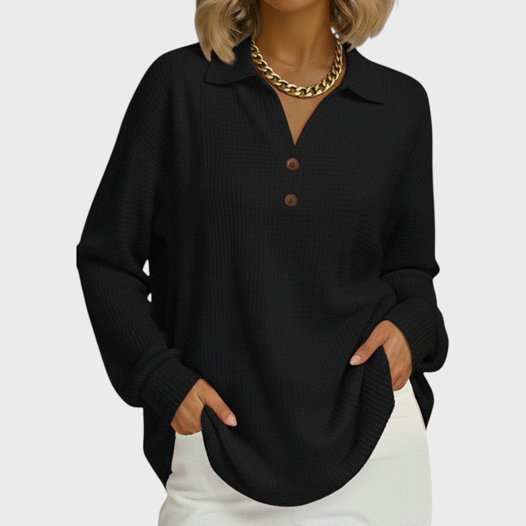 Moda feminina casual: camisola de malha xadrez com botões e manga comprida. Conforto garantido.
