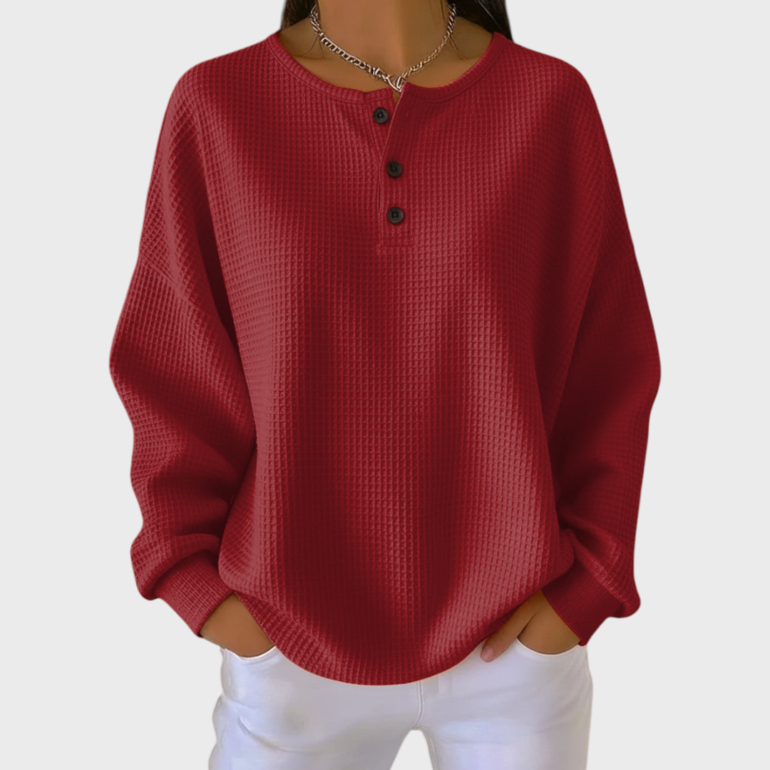 Blusa de malha xadrez feminina, manga comprida, botões. Perfeita para o estilo de transição casual.