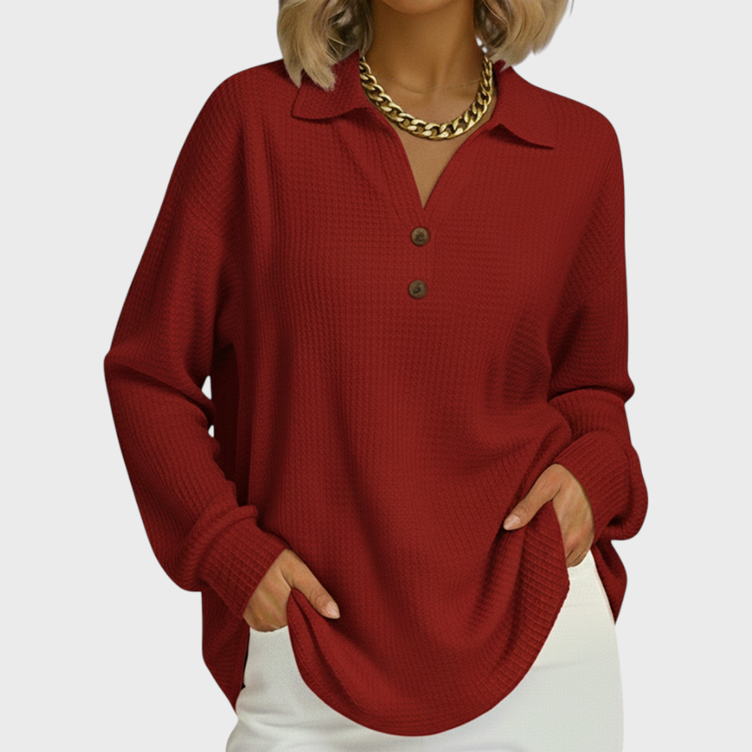 Camisola feminina de malha, xadrez, com botões e manga comprida. Tendência de outono/inverno.