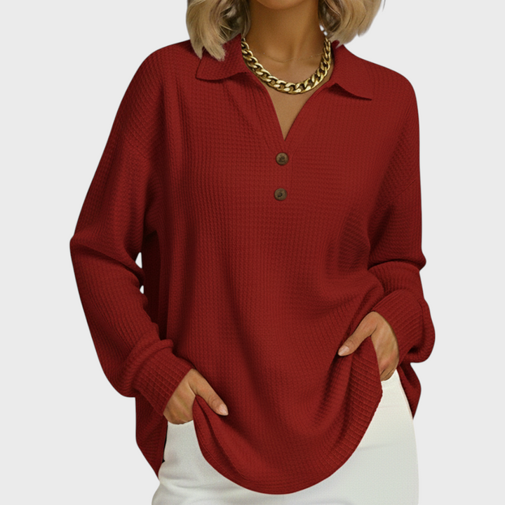Camisola feminina de malha, xadrez, com botões e manga comprida. Tendência de outono/inverno.