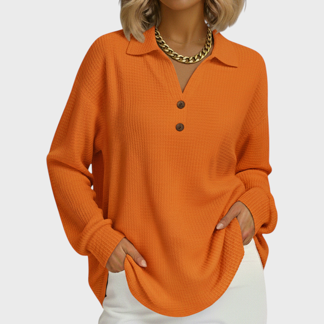 Camisola de malha xadrez, feminina, manga comprida, botões. Ideal para looks de outono/inverno.