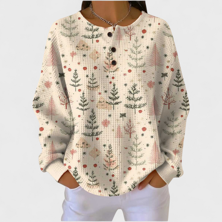 Moderna camisola de malha feminina, padrão xadrez, manga comprida e botões. Ideal para outono.