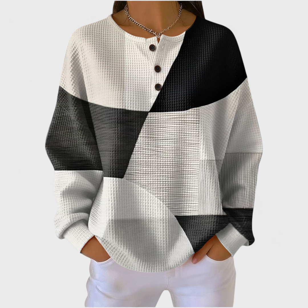 Estilo e conforto: camisola de malha feminina xadrez, manga comprida, botões. Casual para outono.