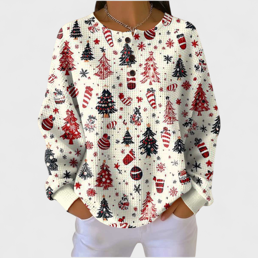 Camisola feminina de malha, padrão xadrez, manga comprida, botões. Peça versátil para outono/inverno.