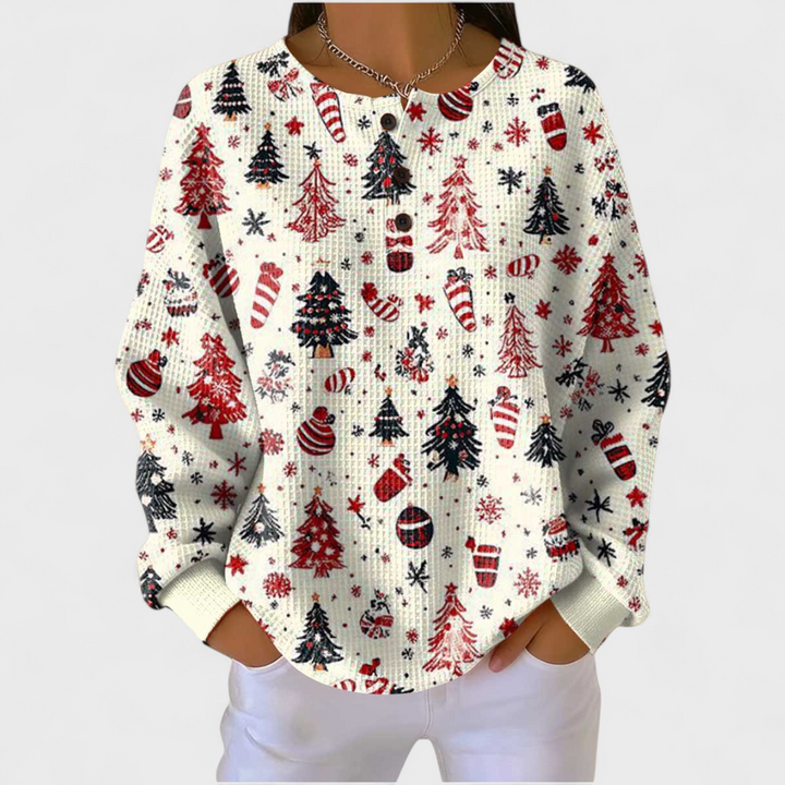 Camisola feminina de malha, padrão xadrez, manga comprida, botões. Peça versátil para outono/inverno.