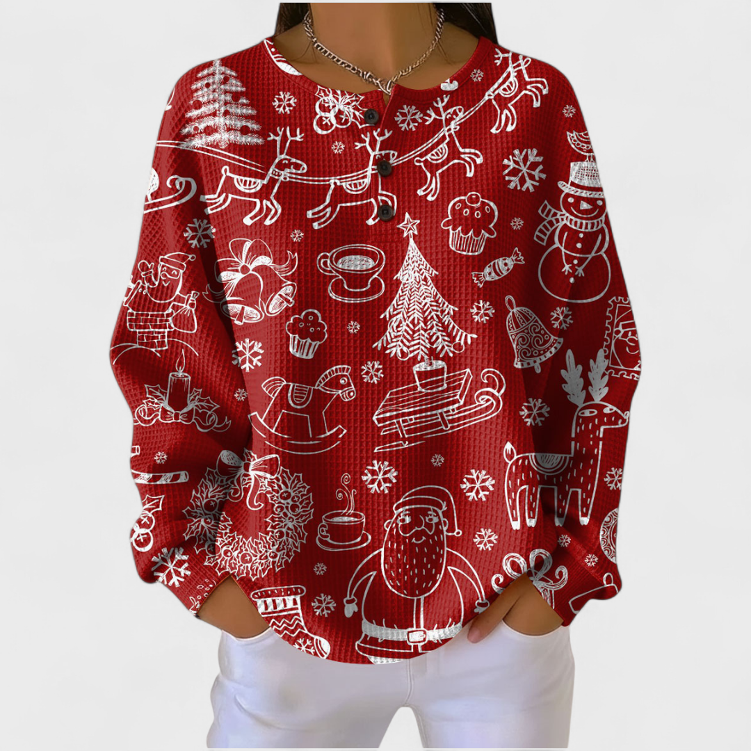 Camisola de malha xadrez feminina, com detalhe de botões e manga comprida. Estilo e conforto garantidos.