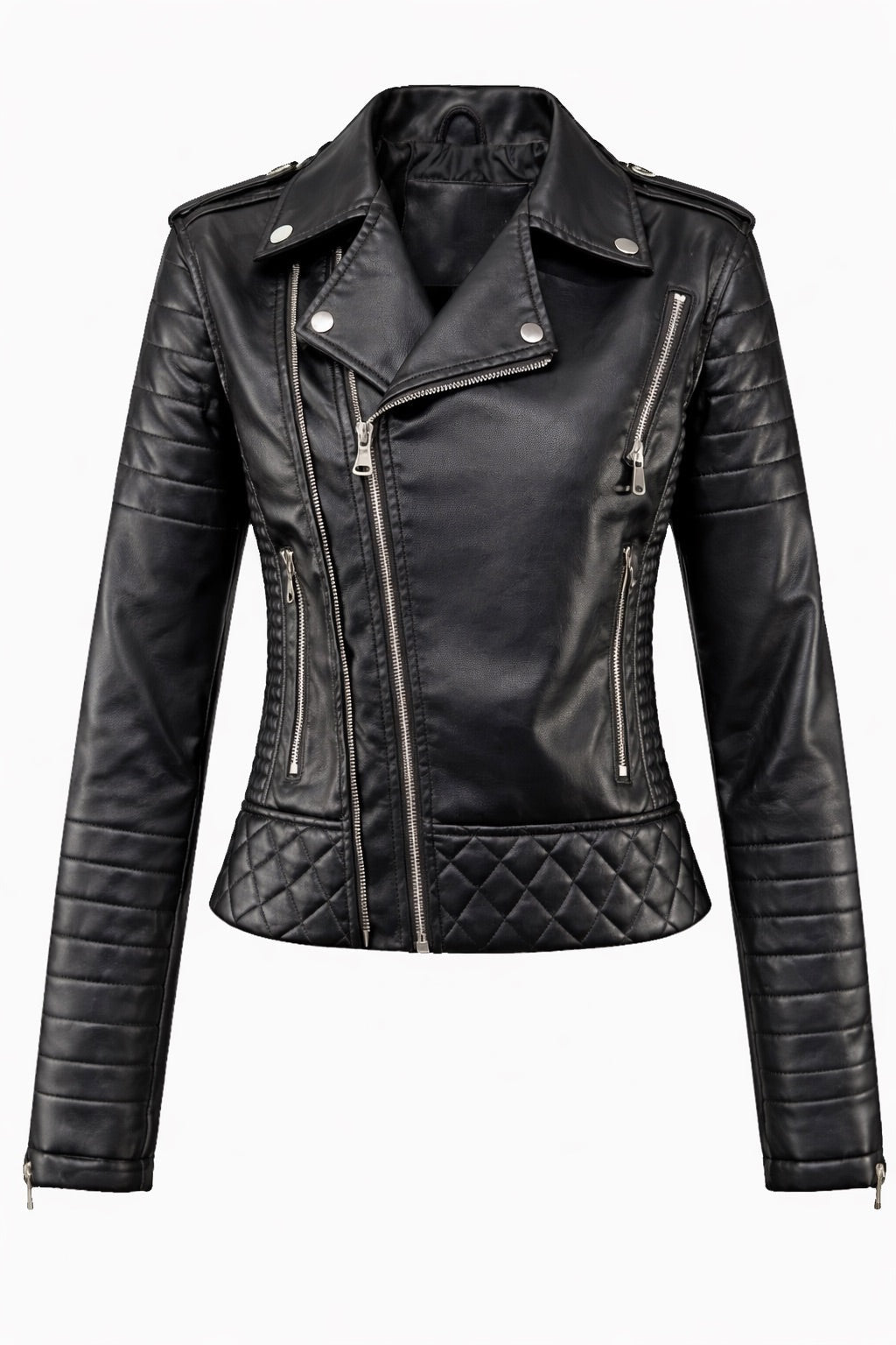 Casaco feminino biker acolchoado em polipele preta, estilo elegante e urbano. Ideal para moda mulher.