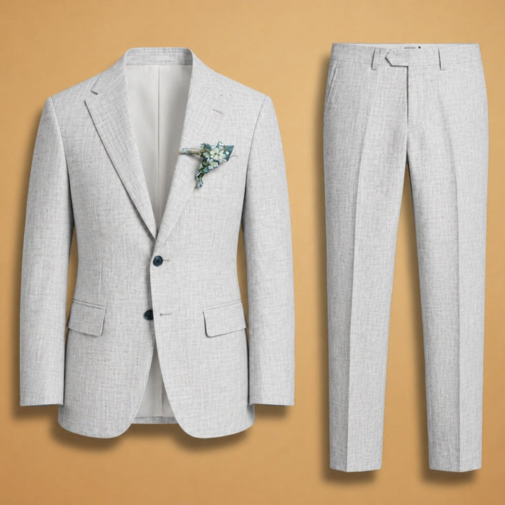Fato de linho masculino corte relaxado, ideal para elegância e conforto no verão.