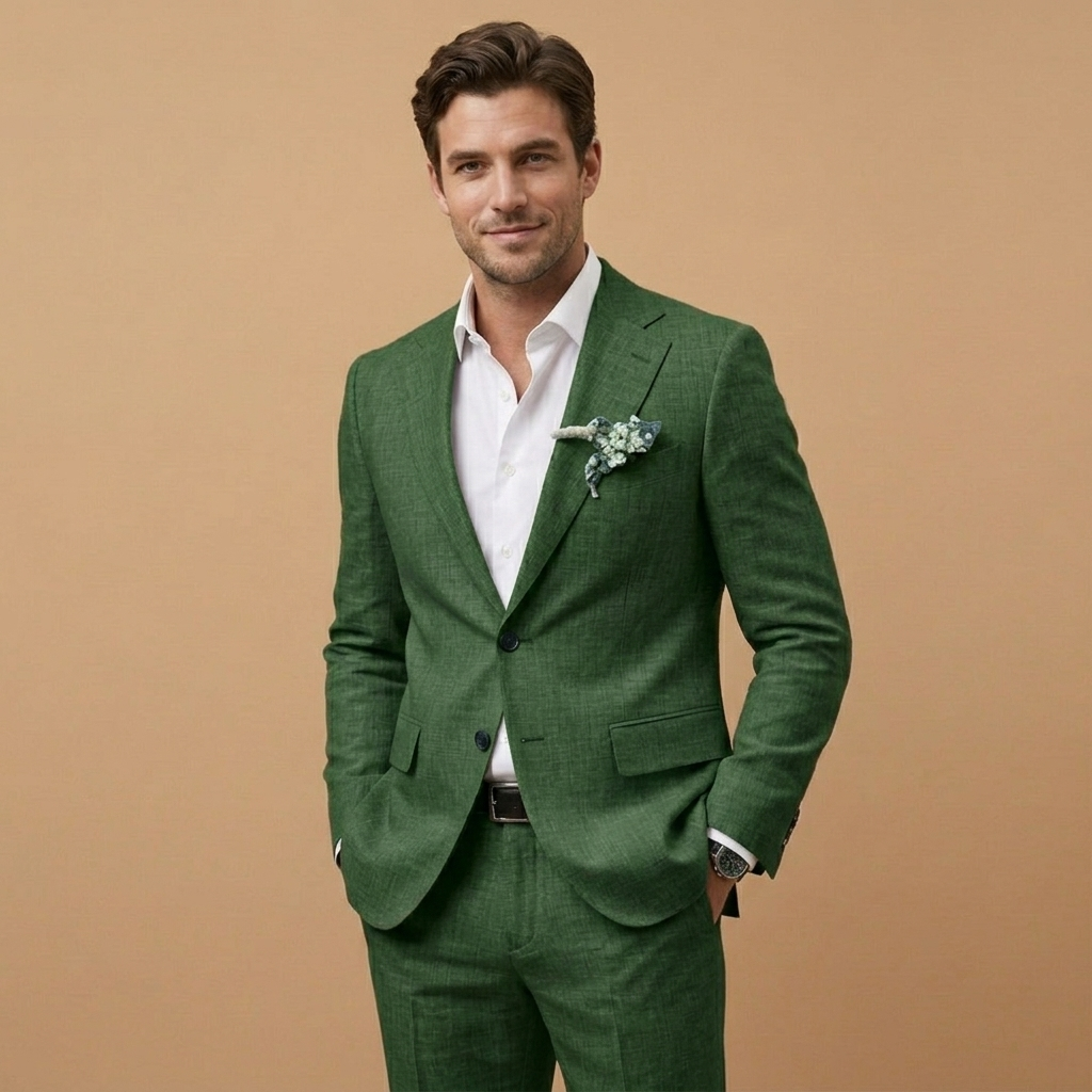 Fato de linho masculino versátil, corte relaxado, ideal para eventos casuais e formais.