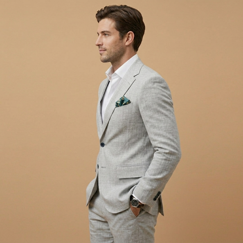 Fato de linho masculino elegante e confortável, corte relaxado para festas de verão.