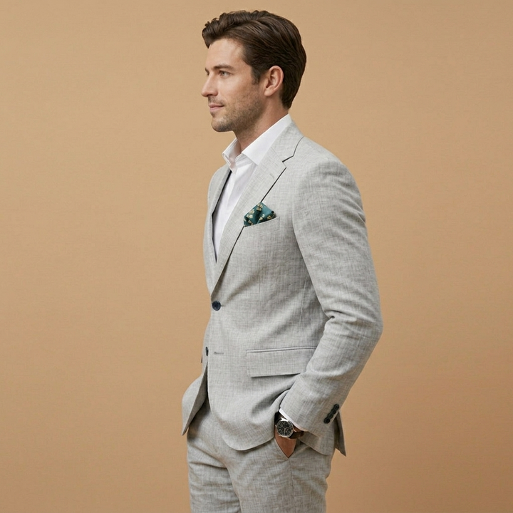 Fato de linho masculino elegante e confortável, corte relaxado para festas de verão.