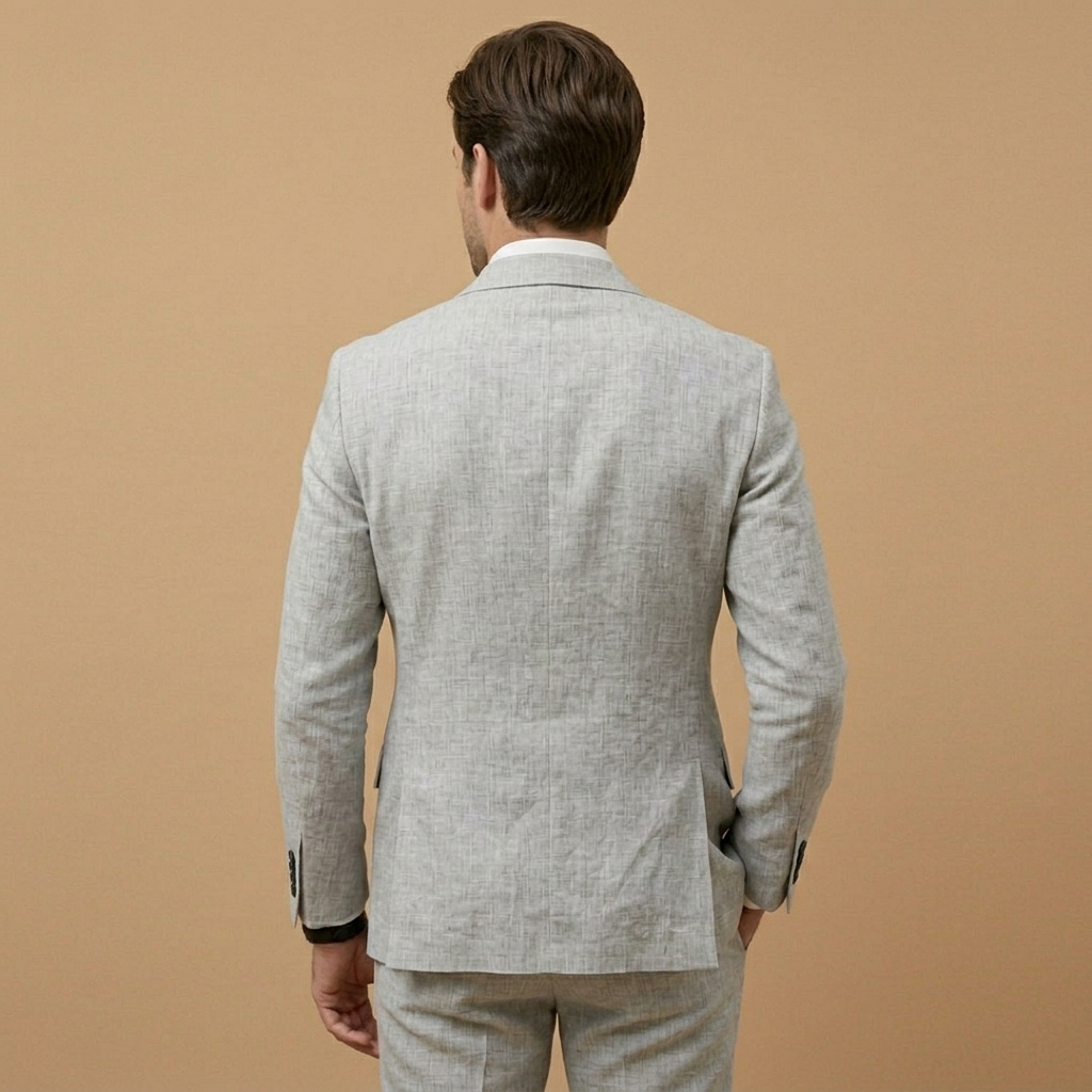 Homem vestindo fato de linho de corte relaxado, perfeito para estilo e conforto.