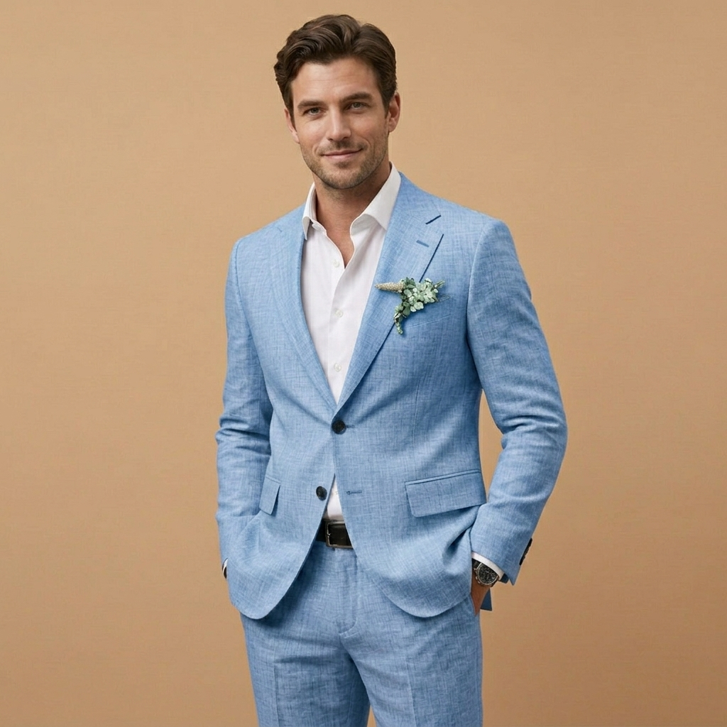 Elegante fato de linho masculino corte relaxado, conjunto confortável e estiloso.