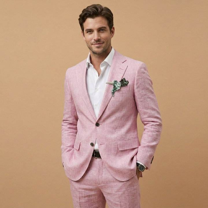 Fato de linho masculino casual para verão, com corte relaxado para máximo conforto.