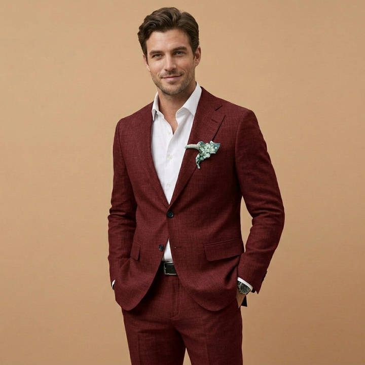 Homem com fato de linho masculino, corte relaxado, ideal para estilo e elegância.