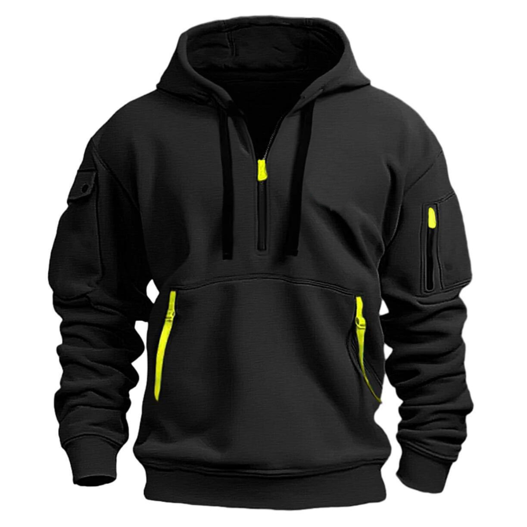 Hoodie de homem com capuz e bolsos com zíper, essencial para o outono inverno e roupa casual.