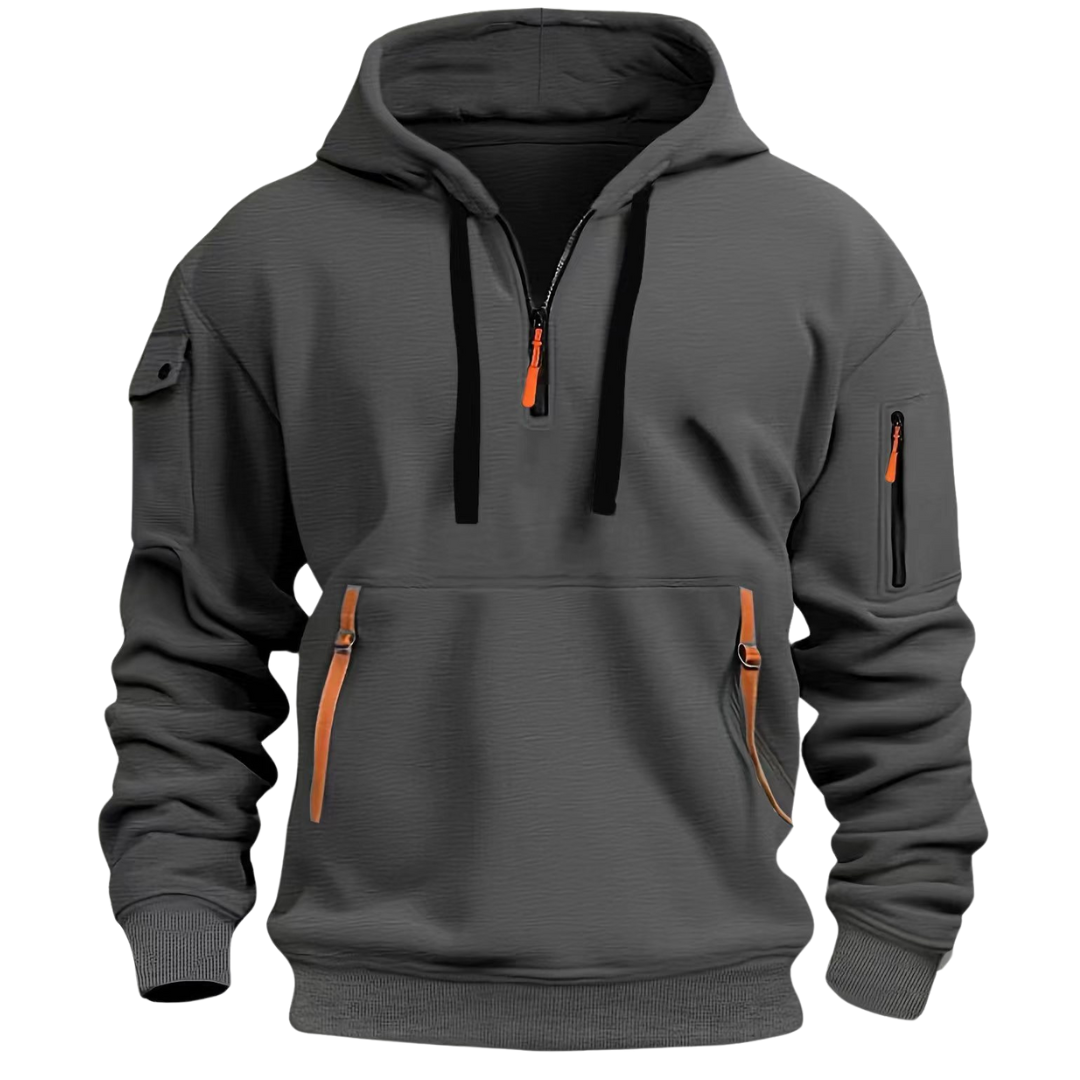 Roupa casual masculina: hoodie com capuz, bolsos com zíper. Conforto e estilo para seu look desportivo.