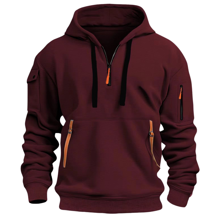 Hoodie masculino com capuz, tecido macio e bolsos práticos com zíper. Conforto e versatilidade.